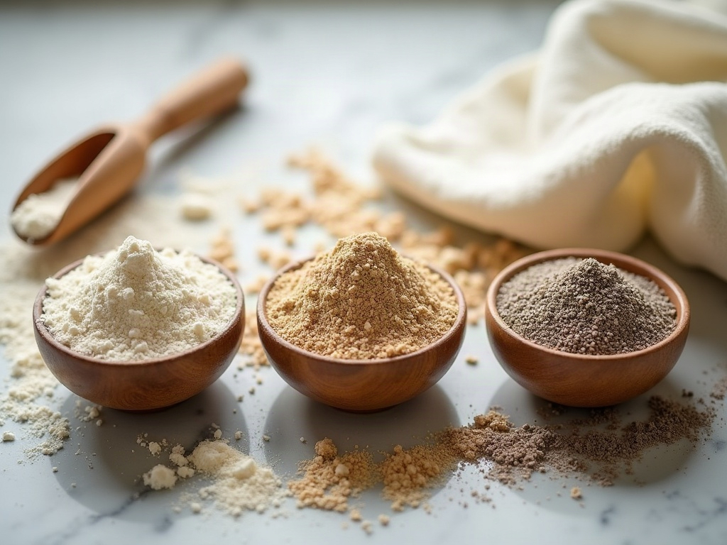 Three bowls of gluten-free flours — brown rice, sorghum, and buckwheat — with a wooden scoop