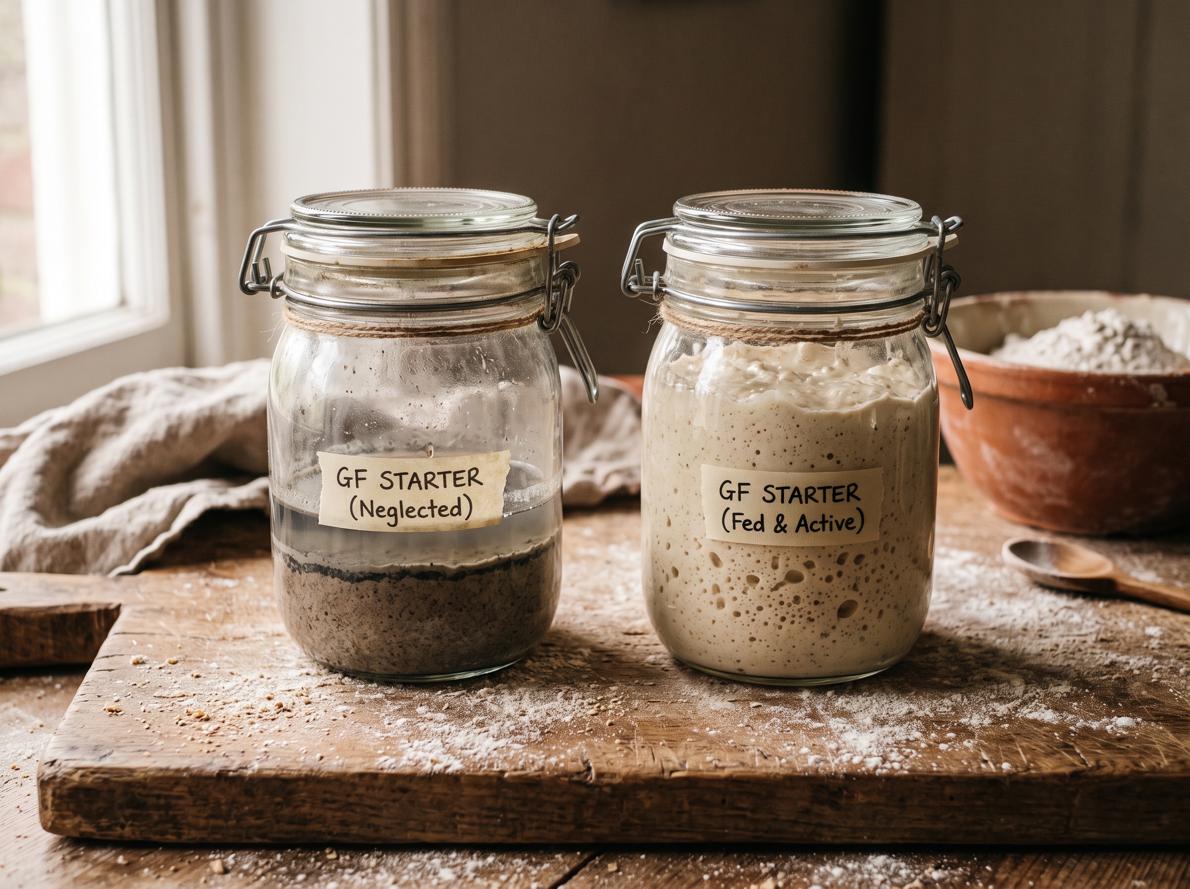 Left: a flat gluten-free starter with grey liquid on top. Right: the same starter thick and bubbling after a feed.
