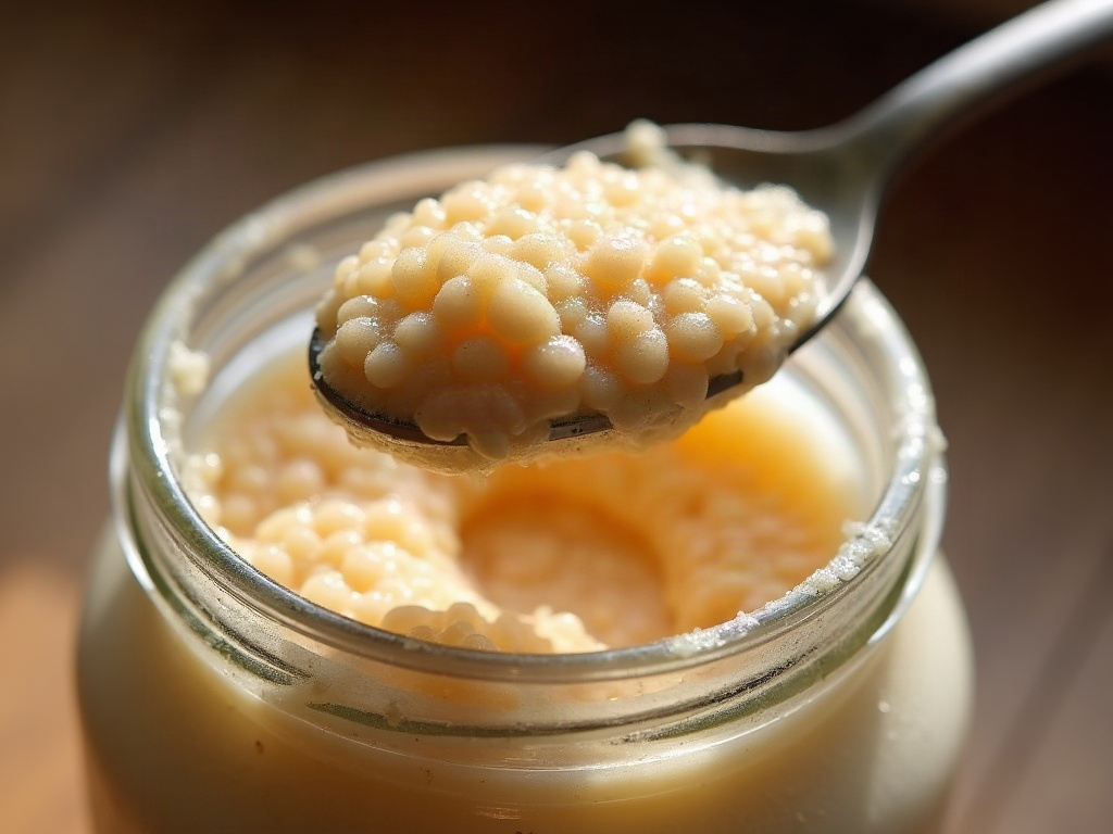A spoon lifting thick gluten-free starter showing a network of small and large bubbles throughout