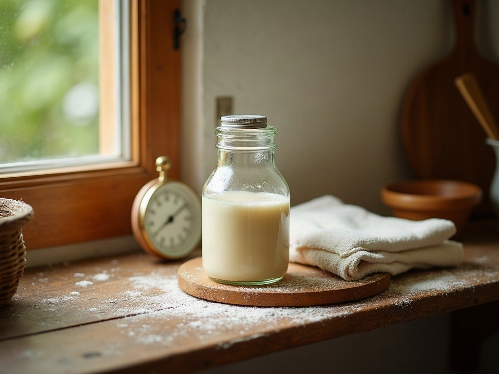 A jar of gluten-free starter kept warm on a shelf beside a linen towel and a small thermometer