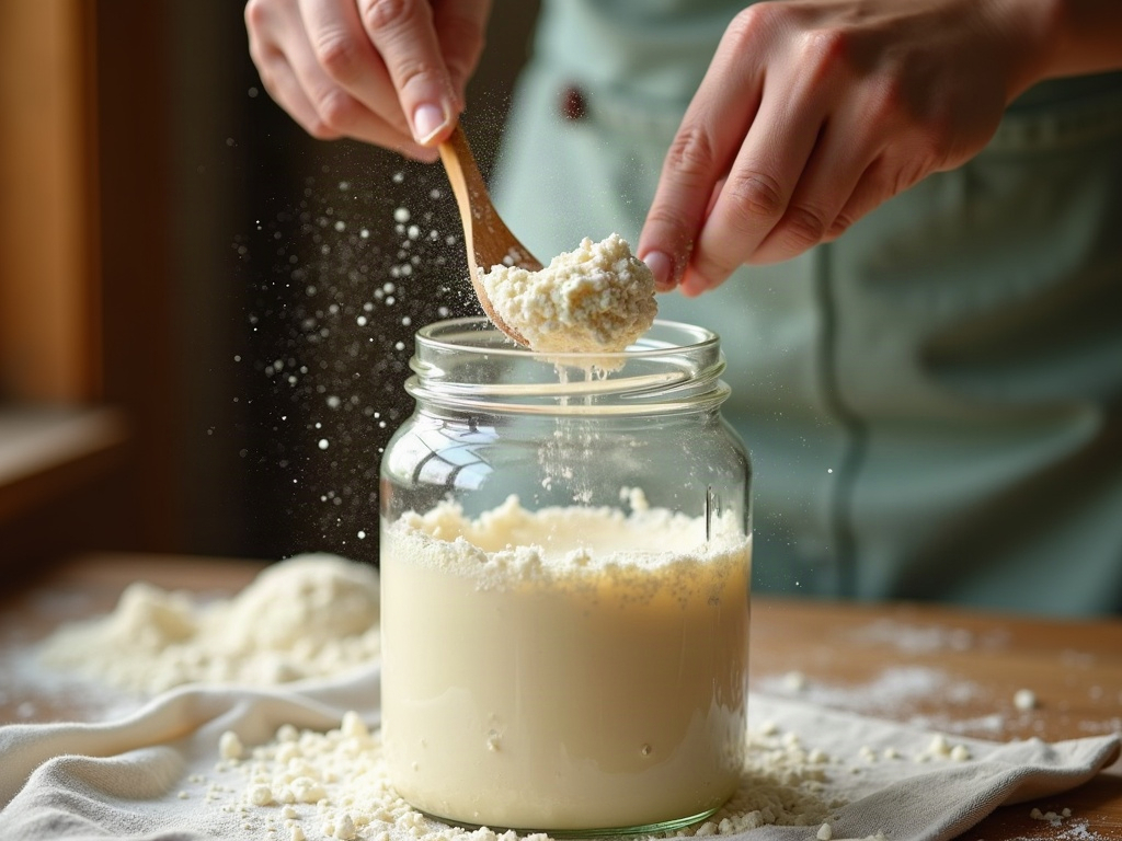Hands feeding a sourdough starter with flour and water before refrigerating it