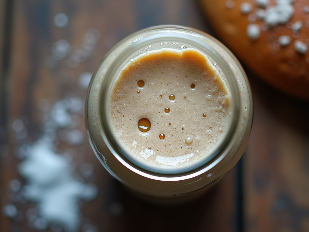 A cold jar of sourdough starter with a layer of dark hooch liquid on top after time in the fridge