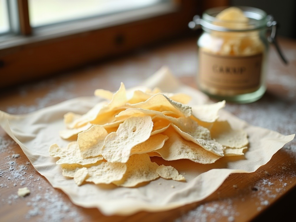 Dried sourdough starter cracked into flakes on parchment beside a small storage jar