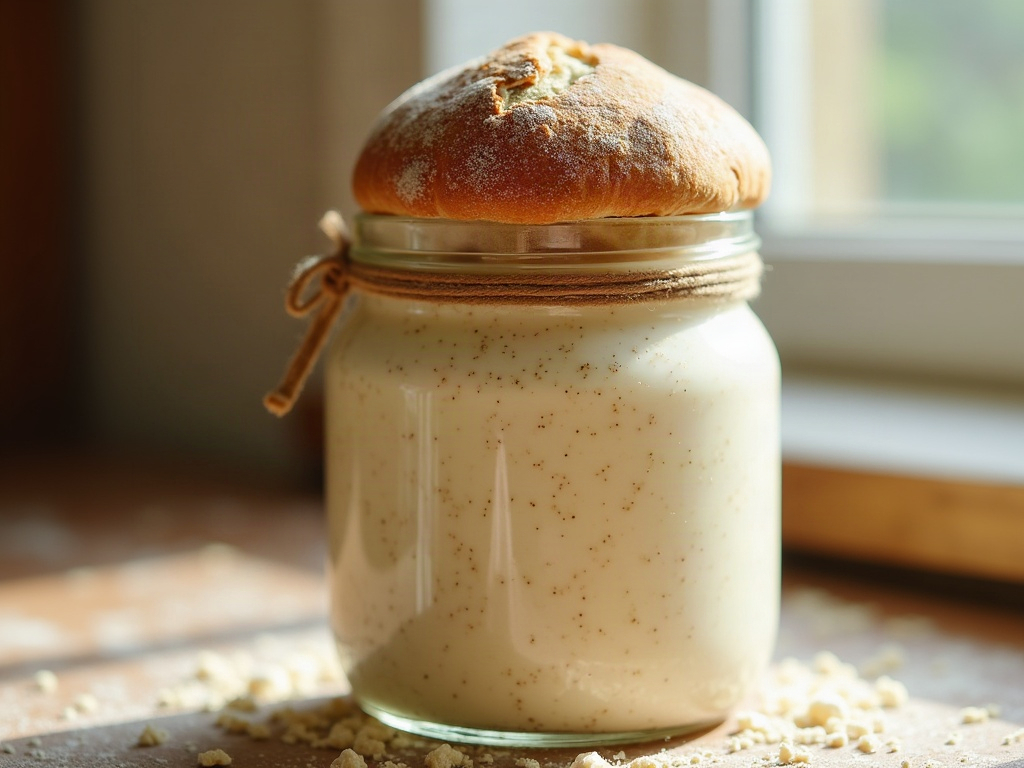 A sourdough starter risen and domed with healthy bubbles after being woken up from storage