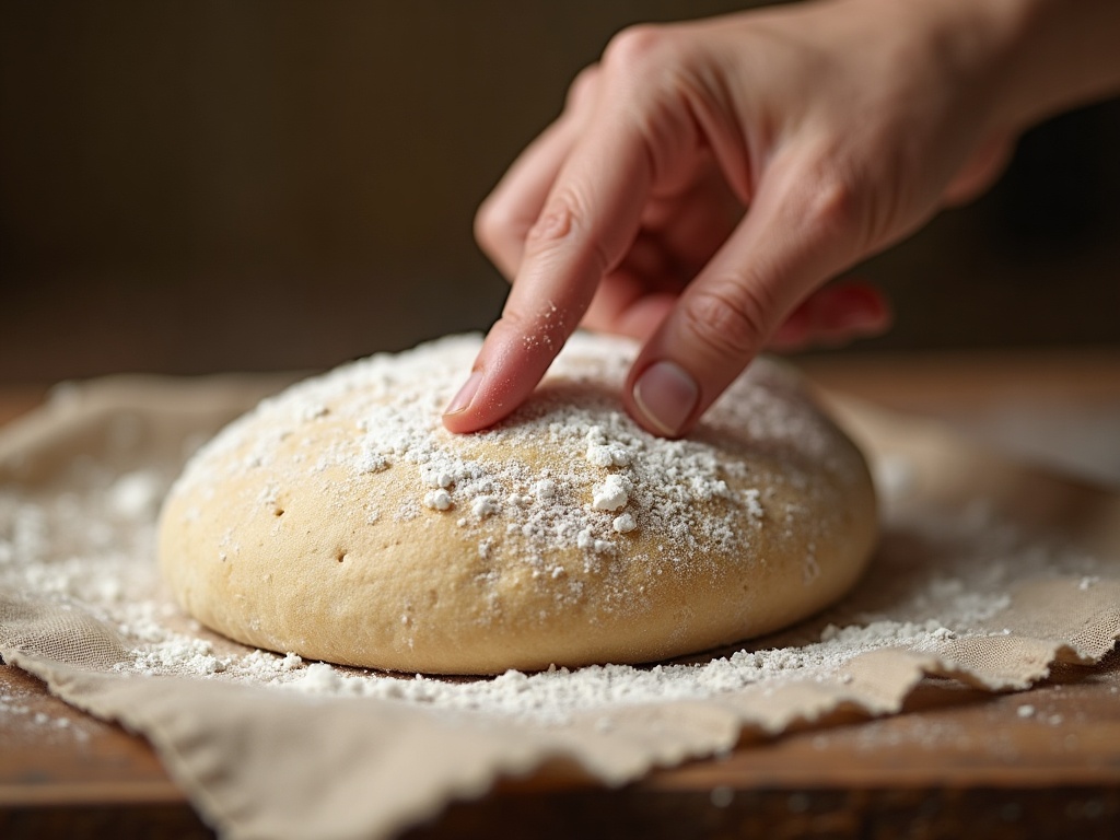 A floured finger pressing into proofing sourdough dough to test it