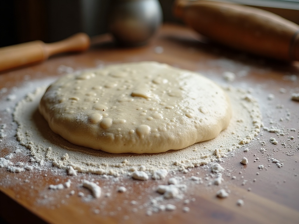 Slack overproofed sourdough dough spreading flat on a floured surface