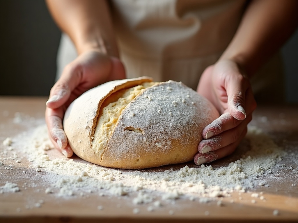 Floured hands shaping a tensioned round of sourdough dough
