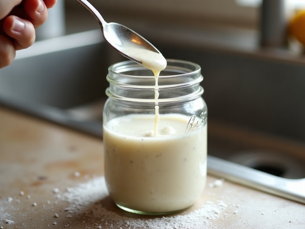 Pouring the grey hooch liquid off the top of a starter jar