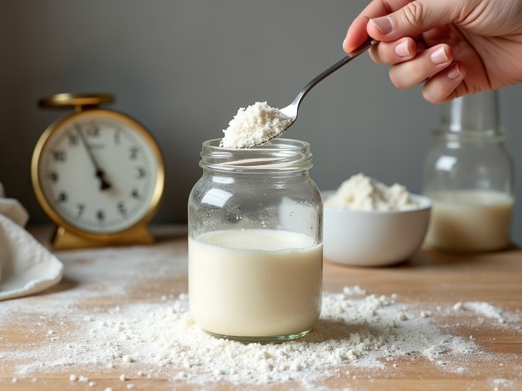 Feeding a small amount of old starter with fresh flour and water in a clean jar
