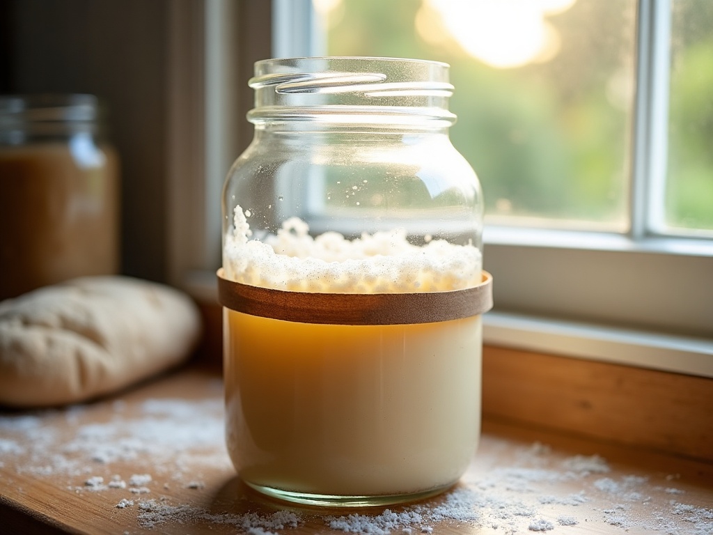 A revived bubbly sourdough starter risen to a rubber band marker on the jar