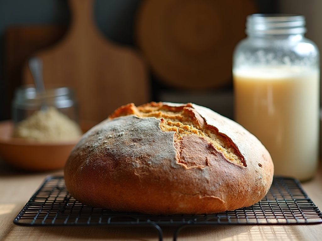A golden round sourdough loaf cooling beside a healthy starter jar