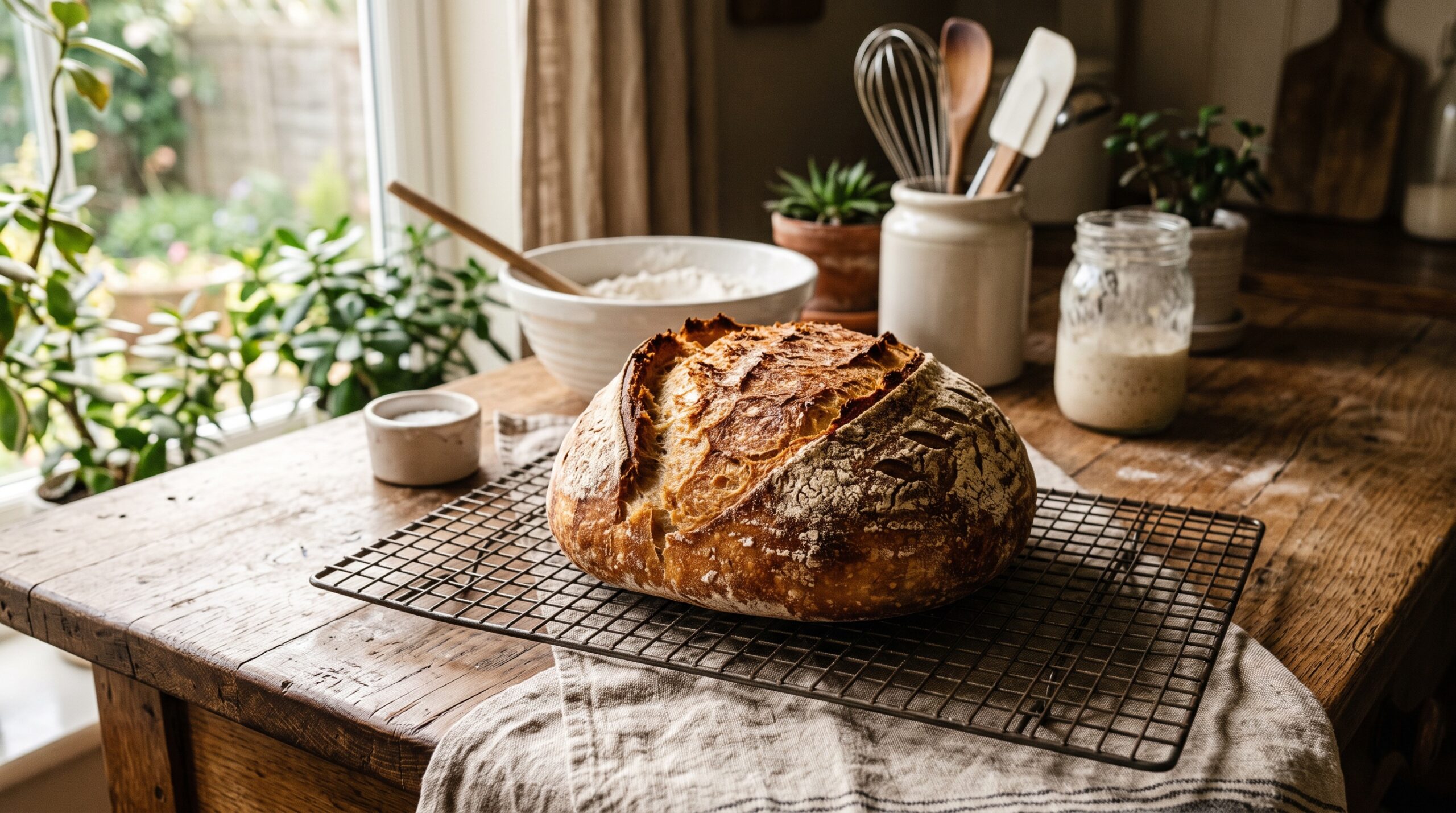 A freshly baked round sourdough loaf cooling on a wire rack in morning light