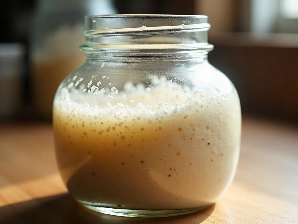 An active, bubbly sourdough starter risen and domed in a glass jar