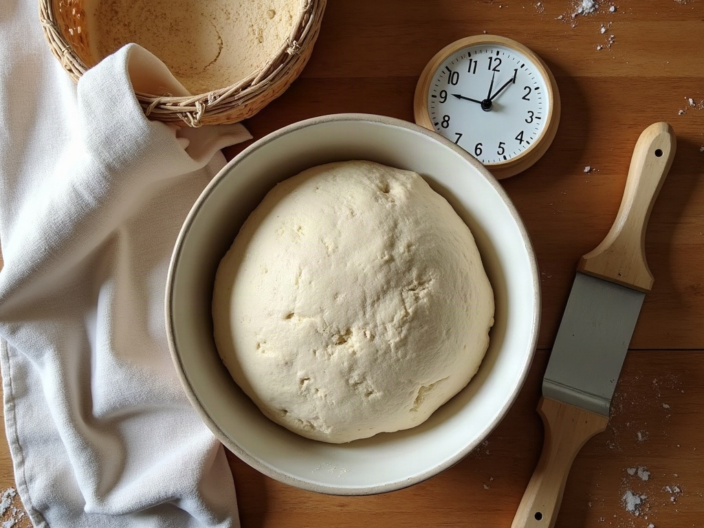 Sourdough dough, a clock, and a banneton laid out on a wooden counter