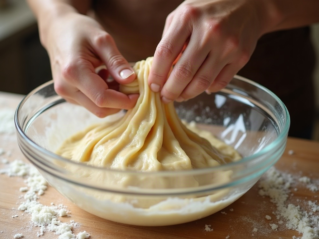Hands stretching and folding sourdough dough in a bowl