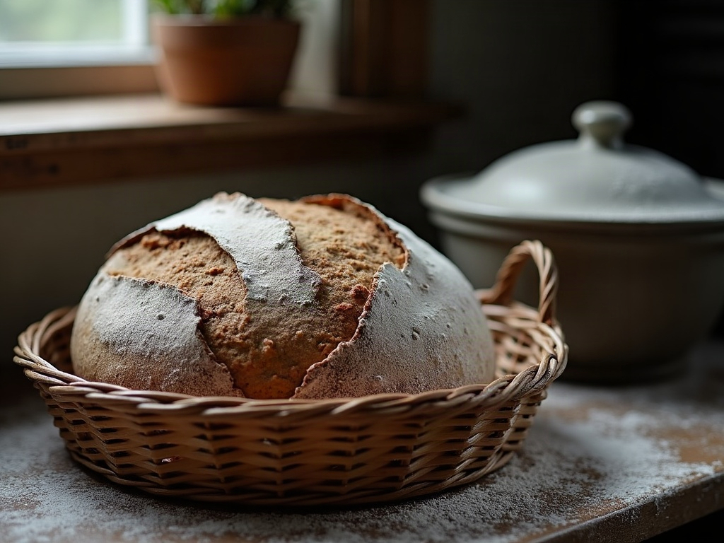 A shaped sourdough loaf resting in a banneton, ready for the fridge