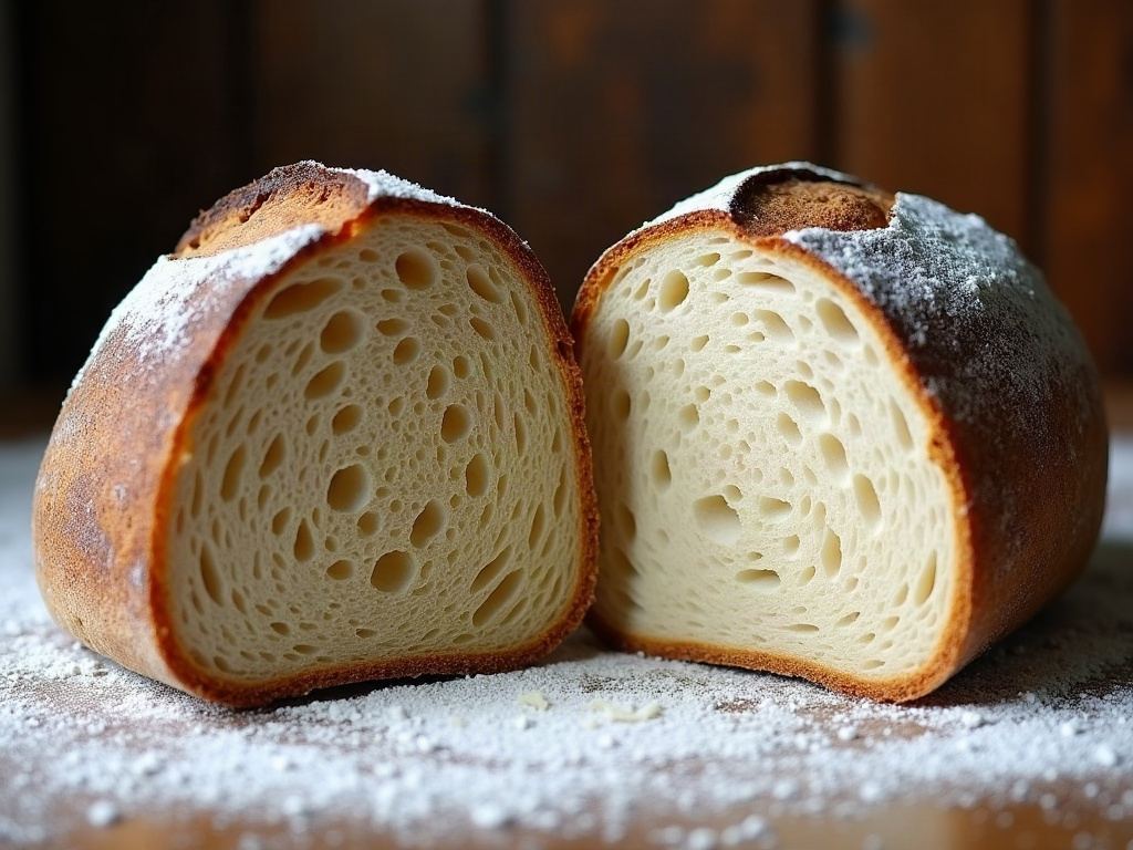 Two sourdough crusts compared, thick and armored on the left, thin and crisp on the right