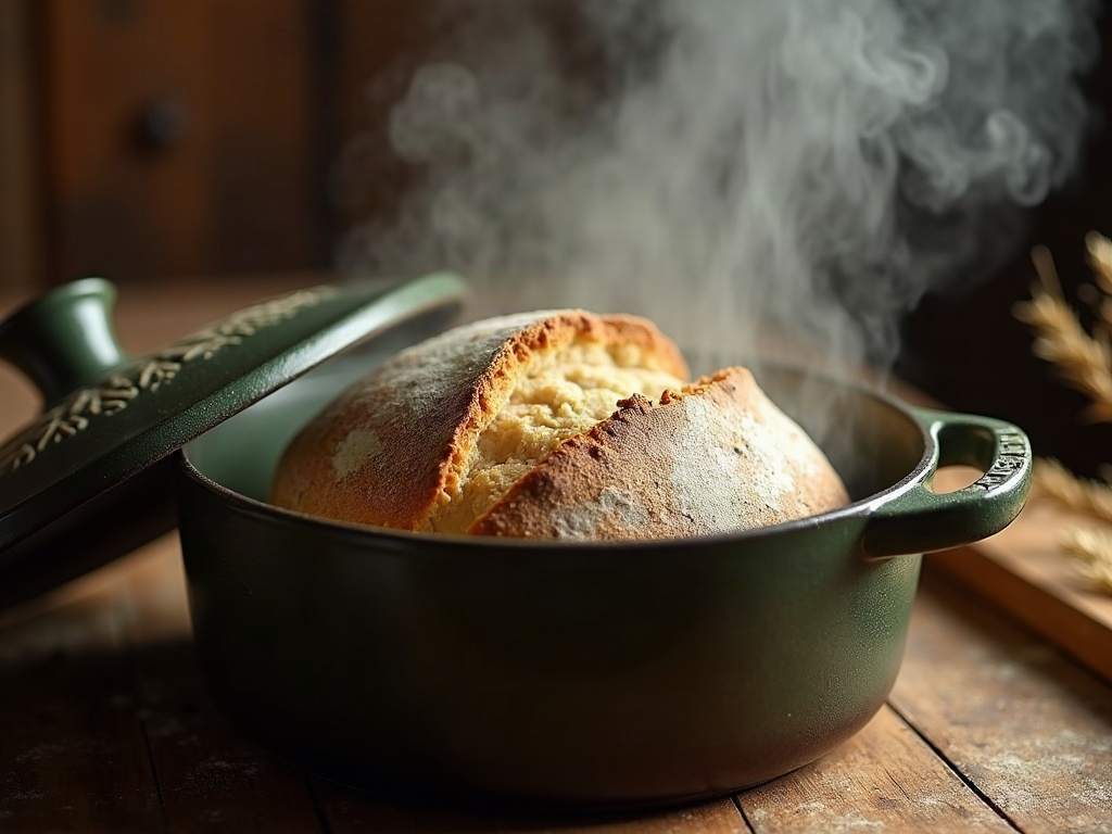 Sourdough loaf springing inside a Dutch oven with steam rising as the lid is lifted