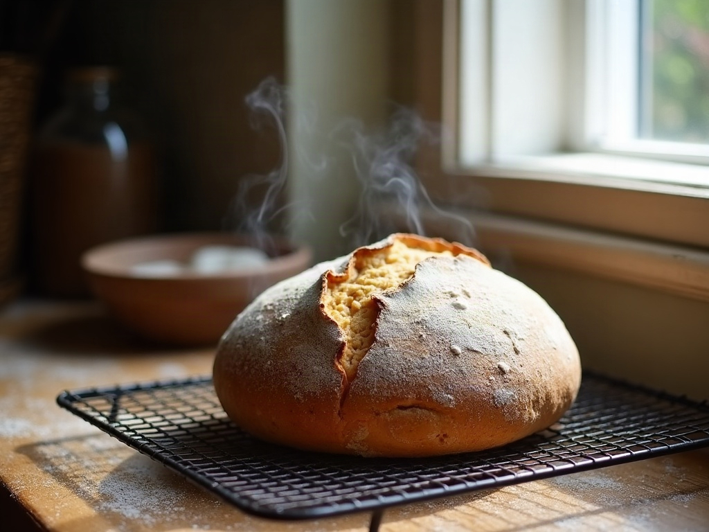 Freshly baked sourdough cooling on a wire rack with faint steam escaping the crust