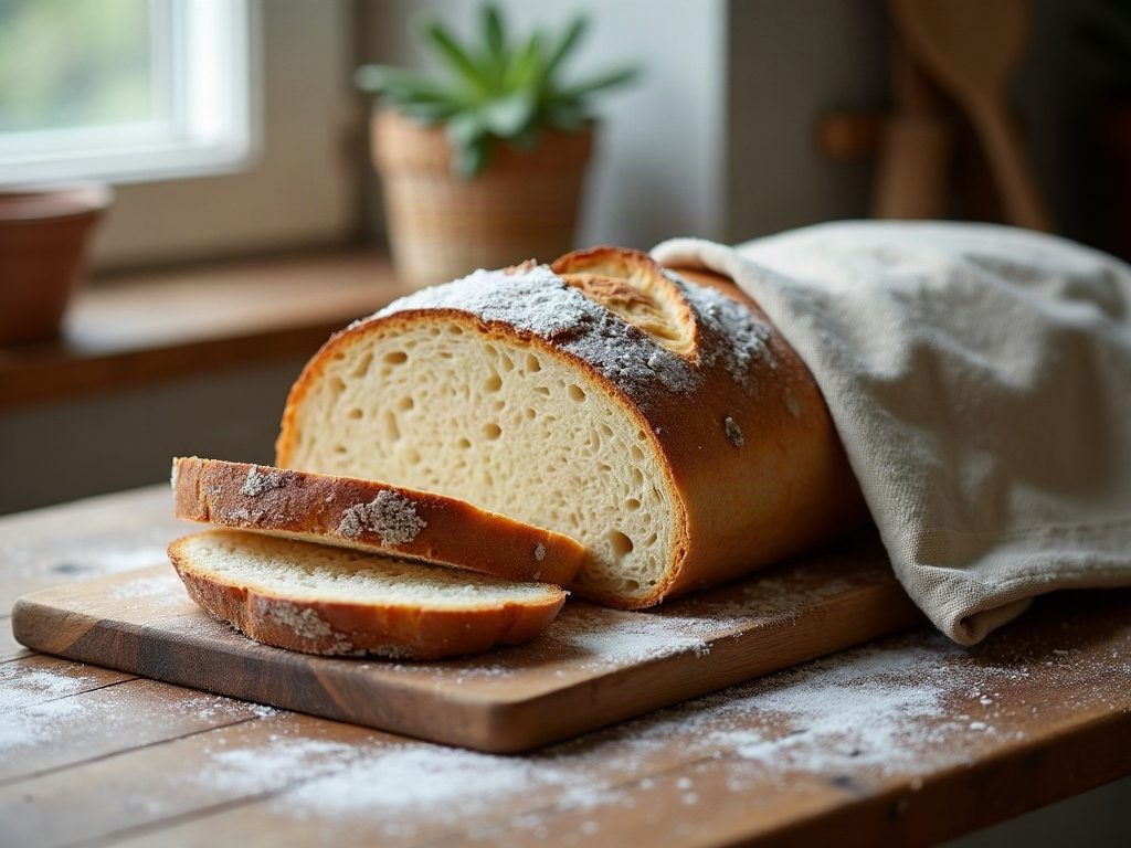 Cut sourdough loaf stored cut-side-down on a board beside a linen bread bag