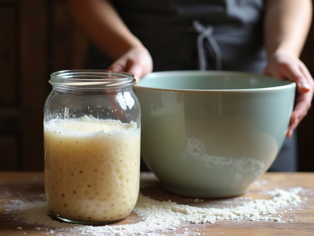 Bubbly sourdough discard in a jar next to a mixing bowl on a wooden counter