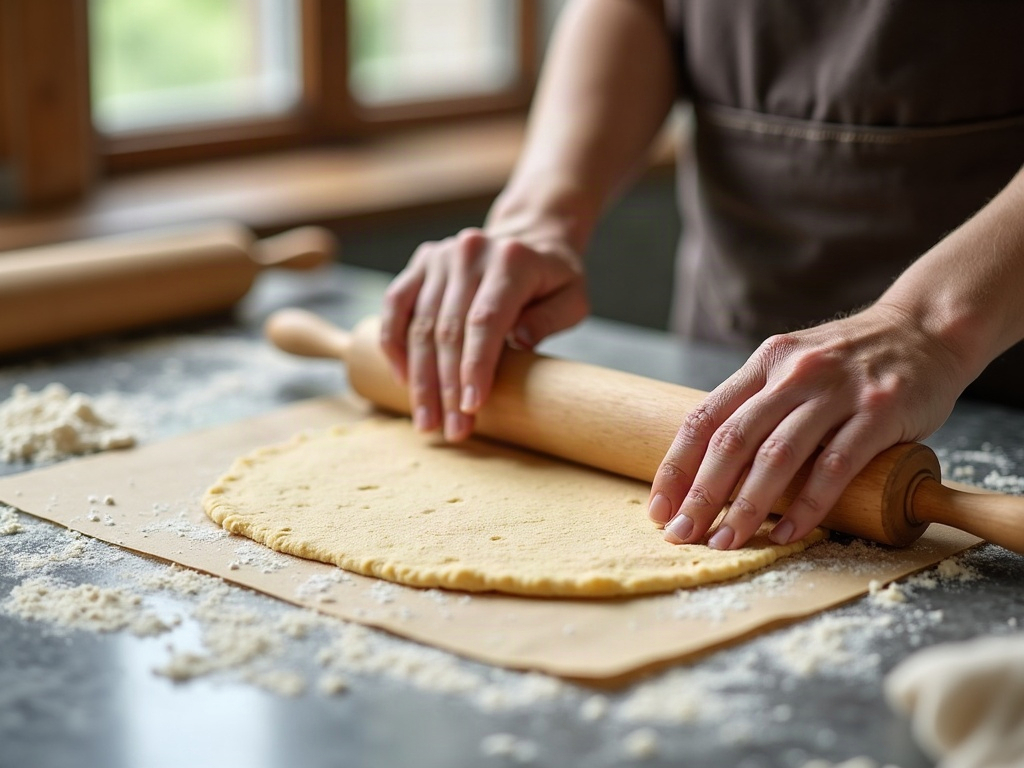 Hands rolling cracker dough thin on parchment paper