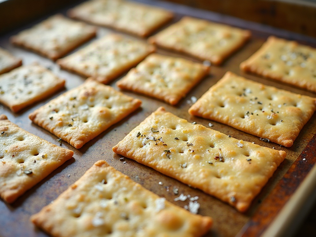 Scored cracker dough brushed with oil and topped with salt and herbs