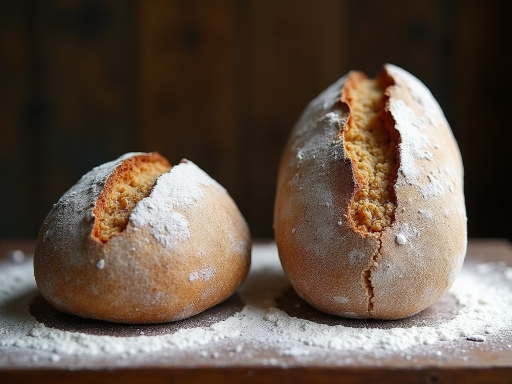 Two sourdough loaves compared, one flat with no ear and one tall with an ear