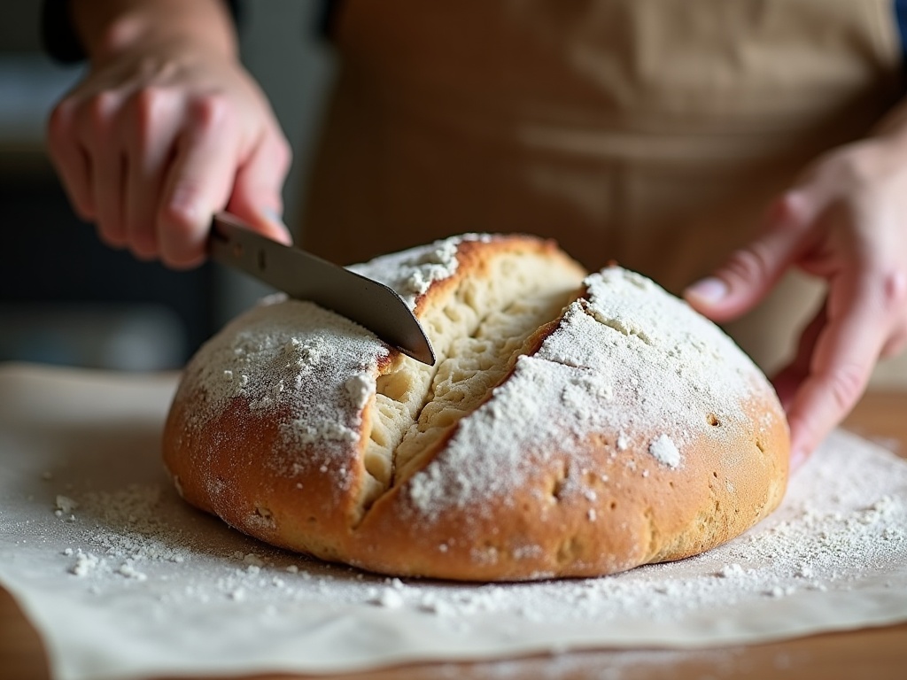 Hands scoring a round of cold sourdough with a lame at a shallow angle