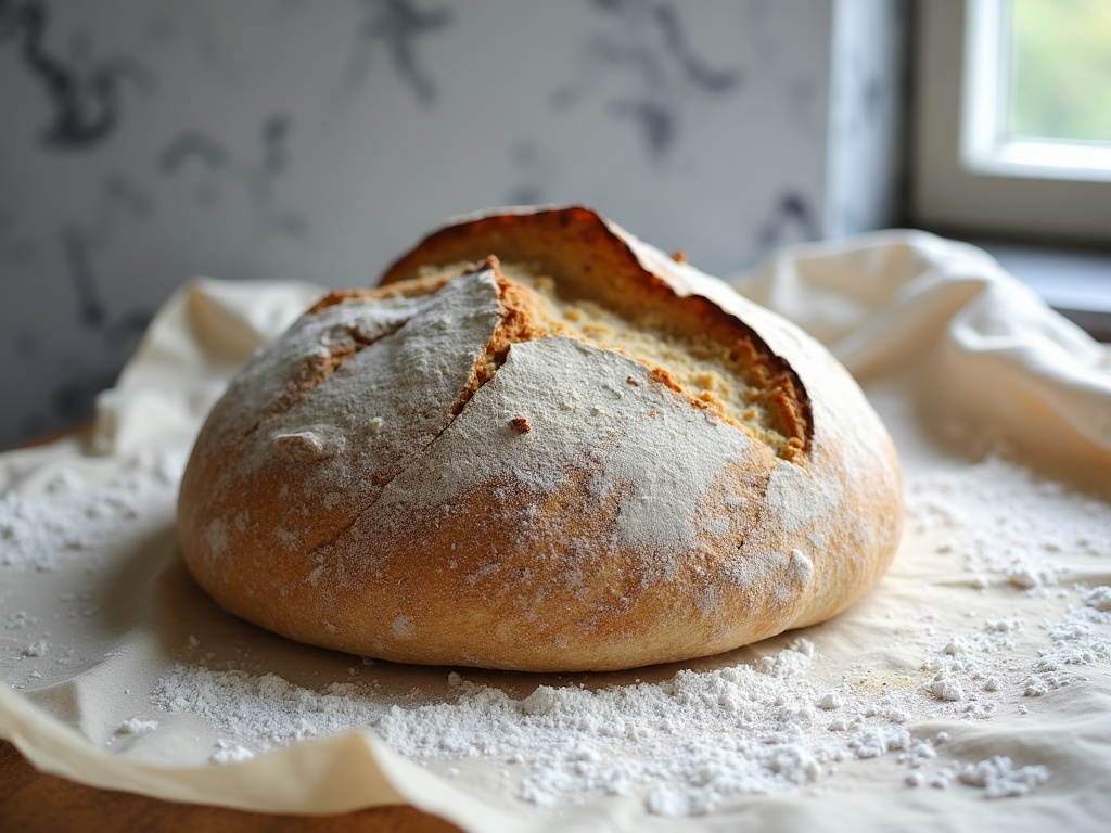 A round of sourdough turned out of a banneton showing taut skin and flour spiral