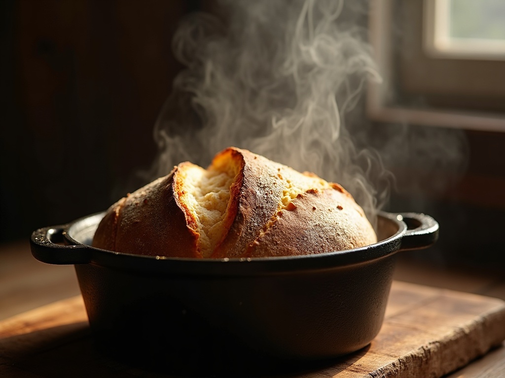 A sourdough loaf springing and opening into an ear inside a hot dutch oven