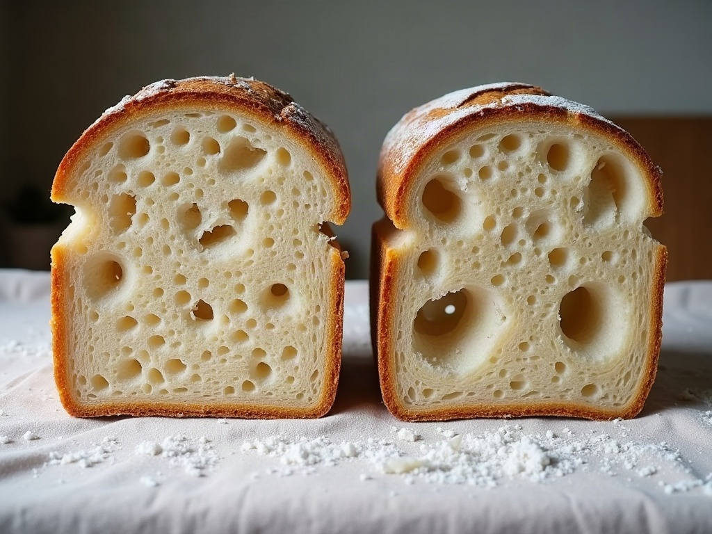 Two sourdough crumb cross-sections compared, tight and dense on the left, open and airy on the right