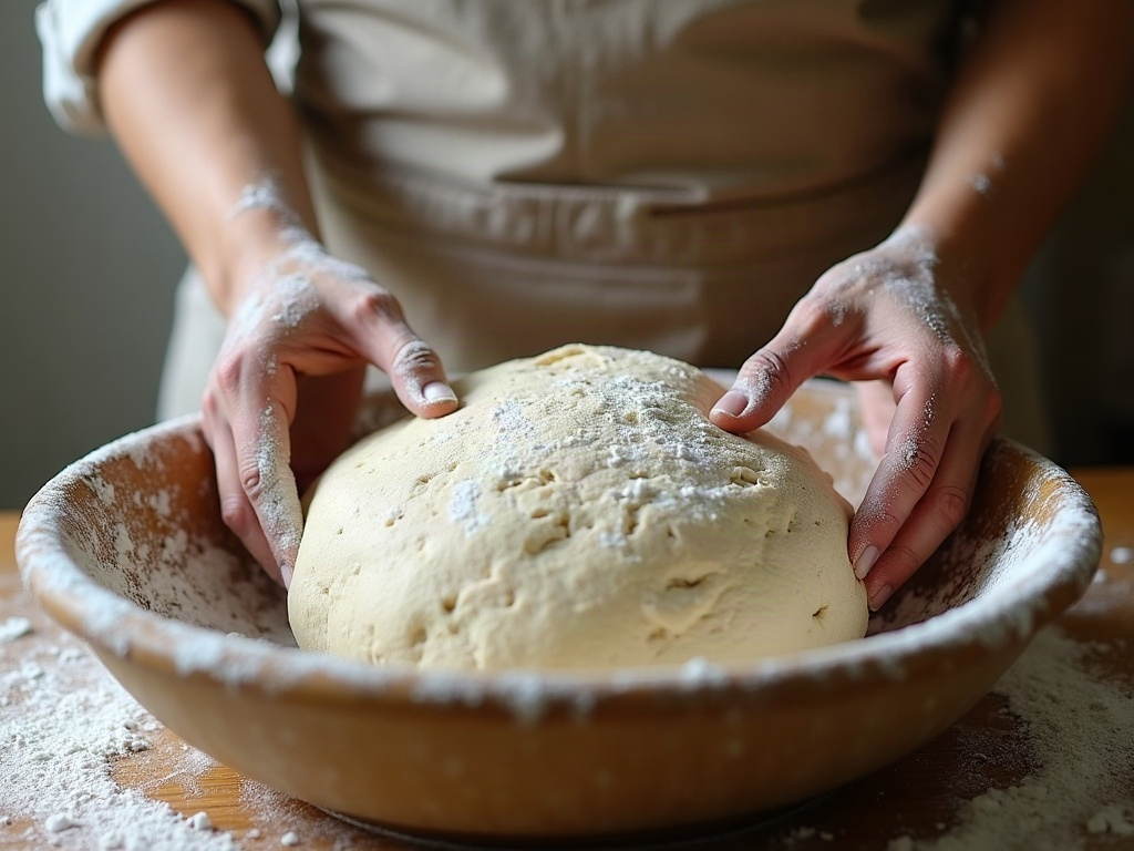 Baker performing a stretch-and-fold on bubbly, elastic sourdough during bulk fermentation