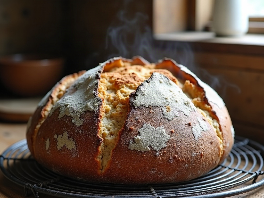 Freshly baked sourdough boule with a blistered crust and open ear on a cooling rack