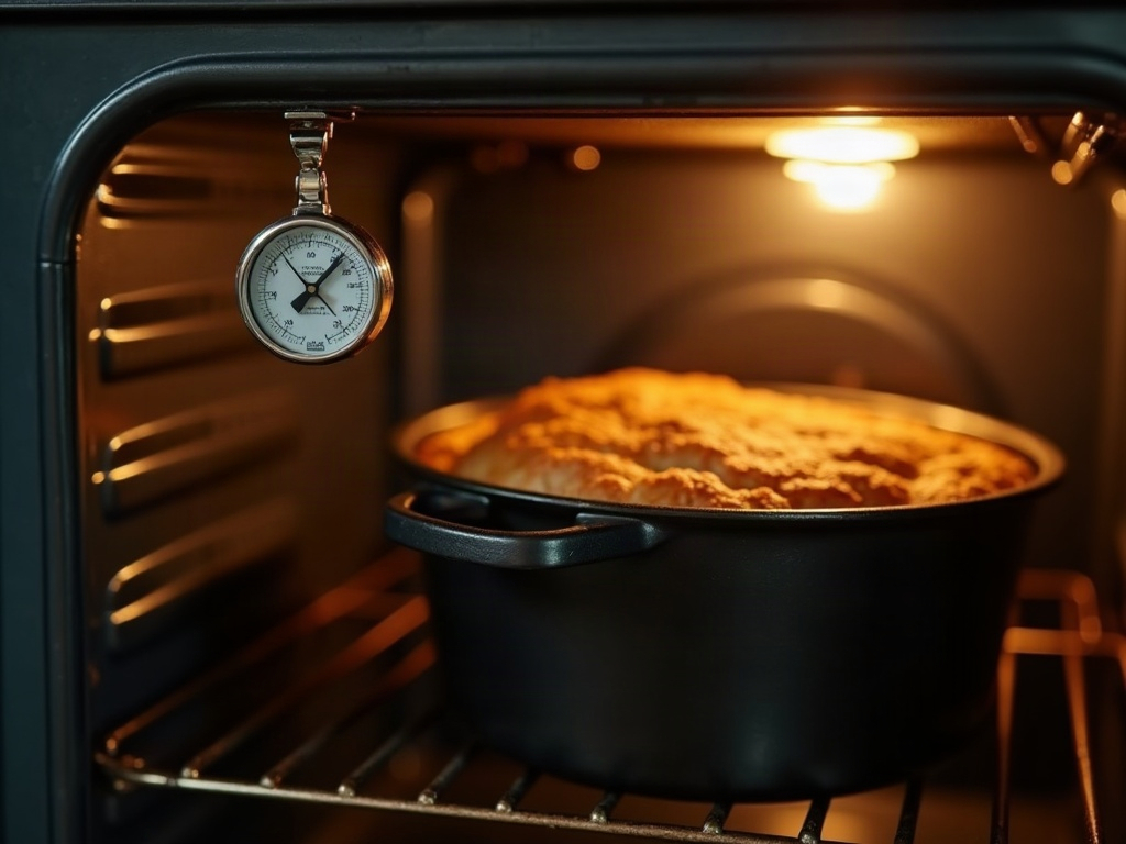 An oven thermometer hanging on the rack next to a preheating Dutch oven in a home oven