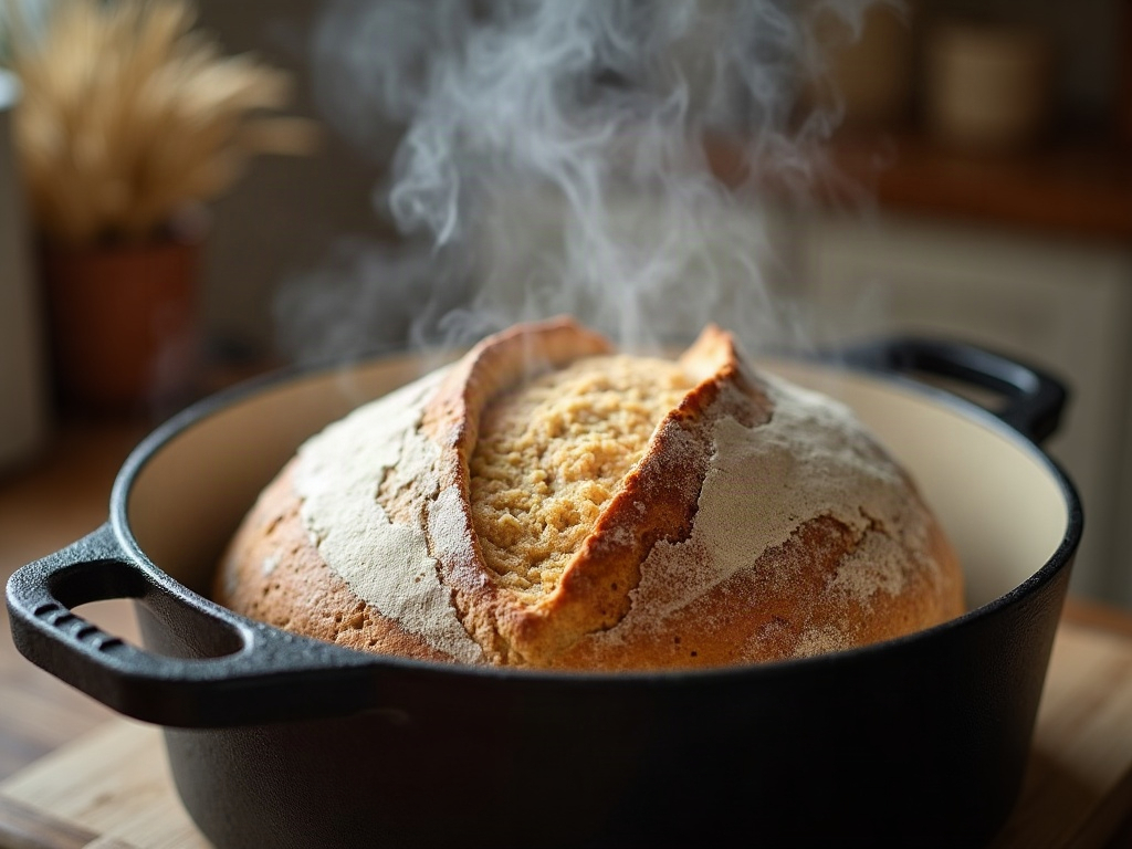 Lid lifted off a Dutch oven revealing a pale, steaming sourdough loaf mid-bake