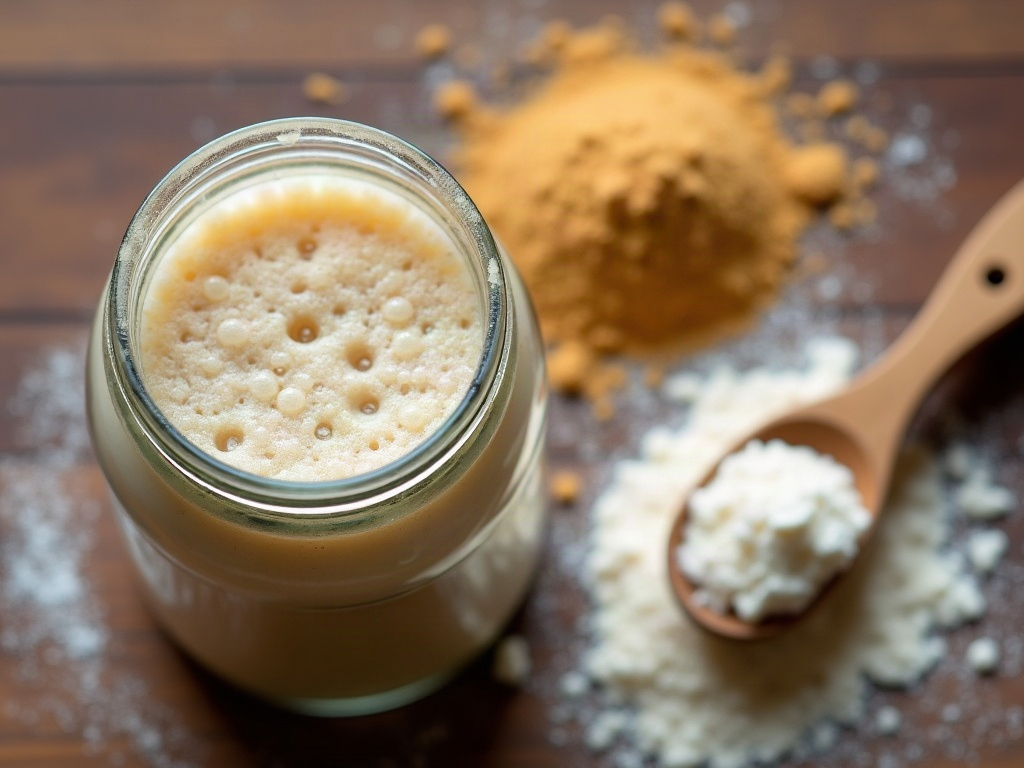 Bubbly sourdough starter beside a small pile of diastatic malt powder and whole wheat flour