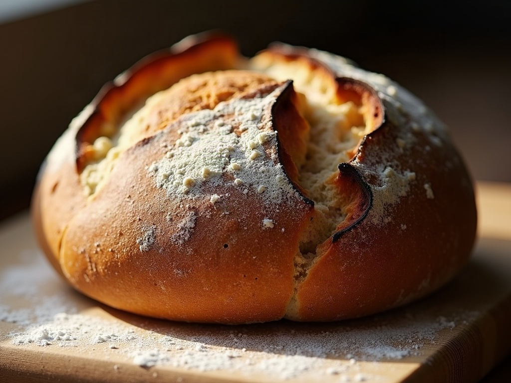 Close-up of a sourdough boule with a deep mahogany, glossy, blistered crust