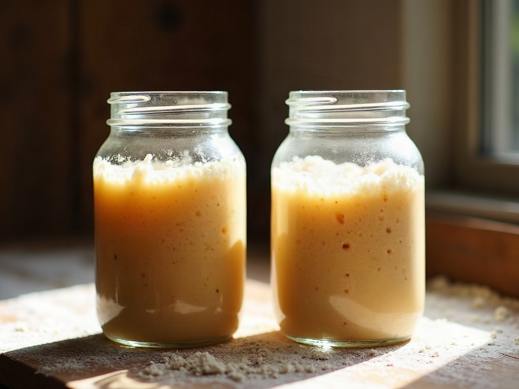 Two jars of sourdough starter side by side, one risen and domed at peak, one collapsed past peak