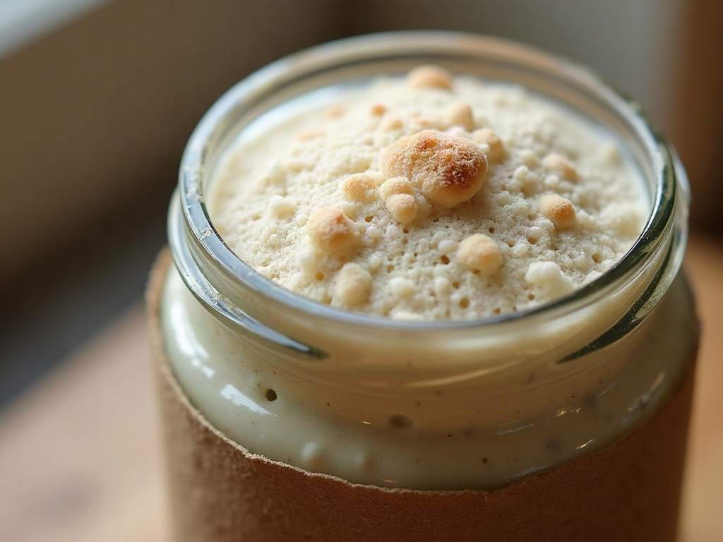 A jar of sourdough starter risen above a rubber band that marks its post-feeding level