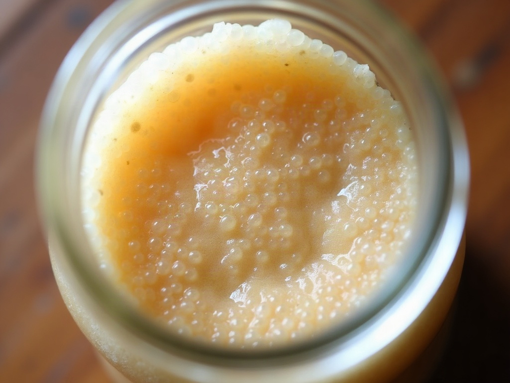 Overhead view into a jar of peak sourdough starter showing a dense web of bubbles