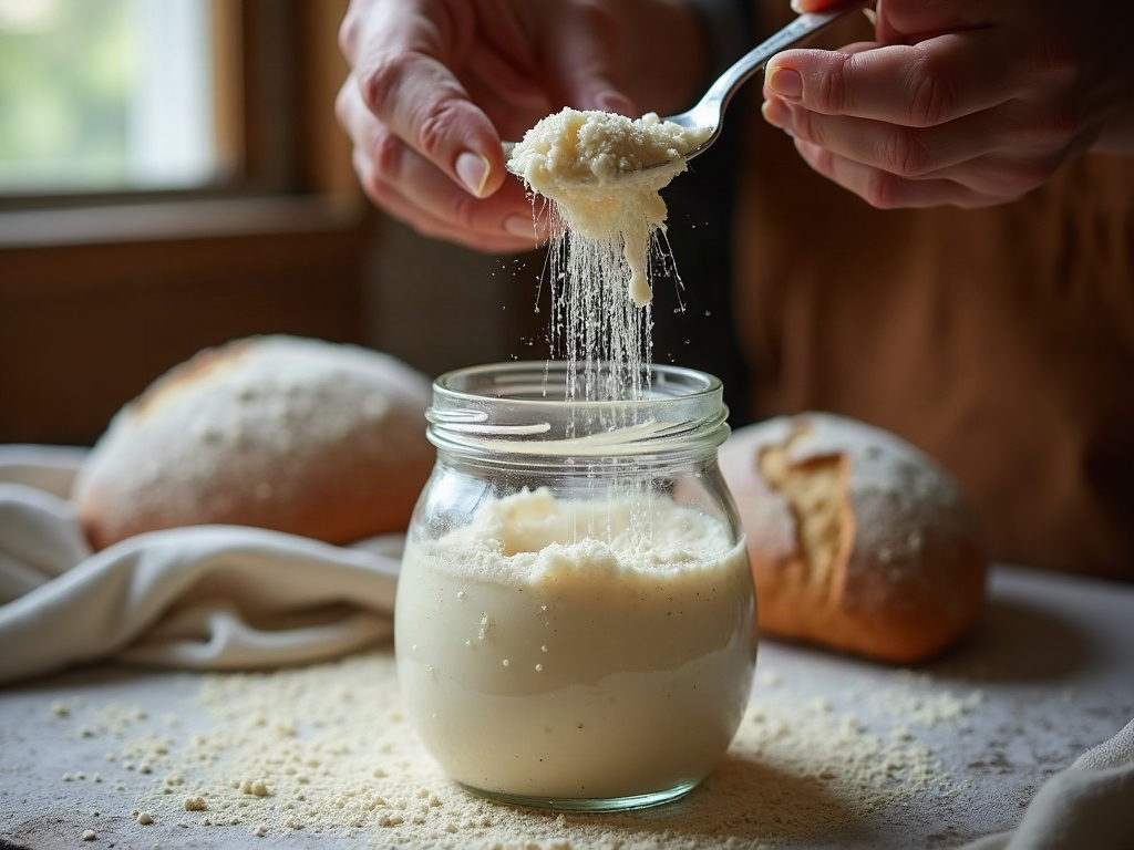 Hands lifting airy, bubbly sourdough starter from a jar with a spoon, ready to build into a levain