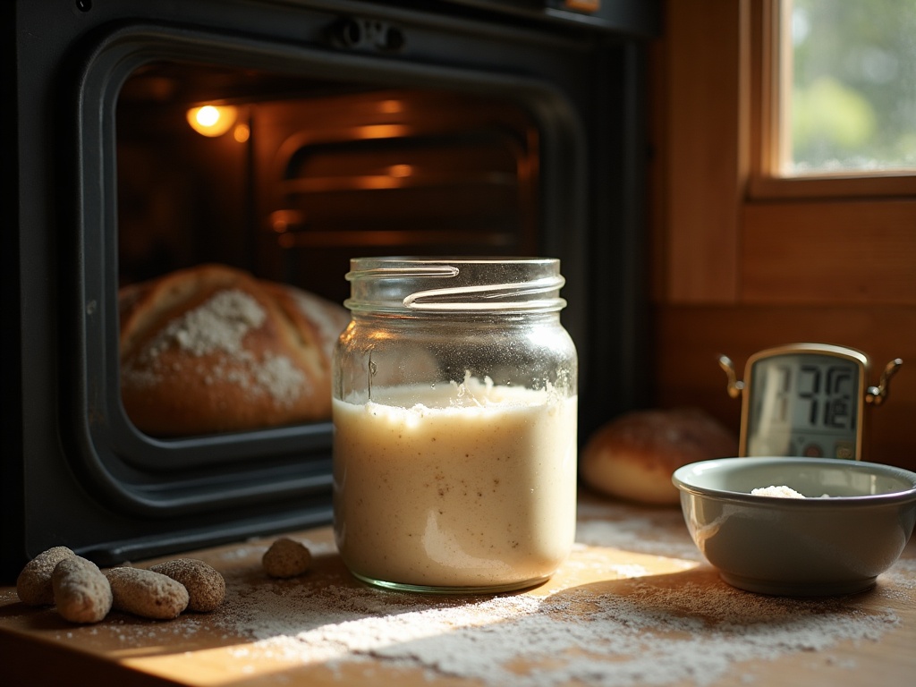A starter jar warming inside an oven next to a bowl of warm water and a thermometer showing about 78 degrees