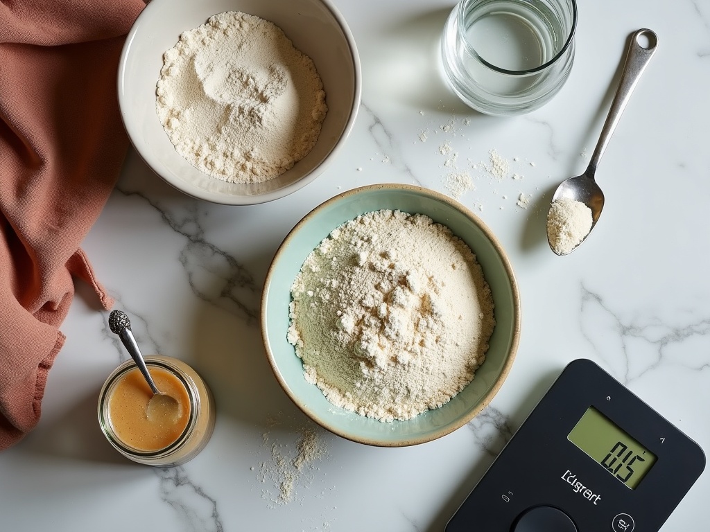 Overhead view of starter feeding tools: a jar of starter, bowls of flour, filtered water and a digital scale