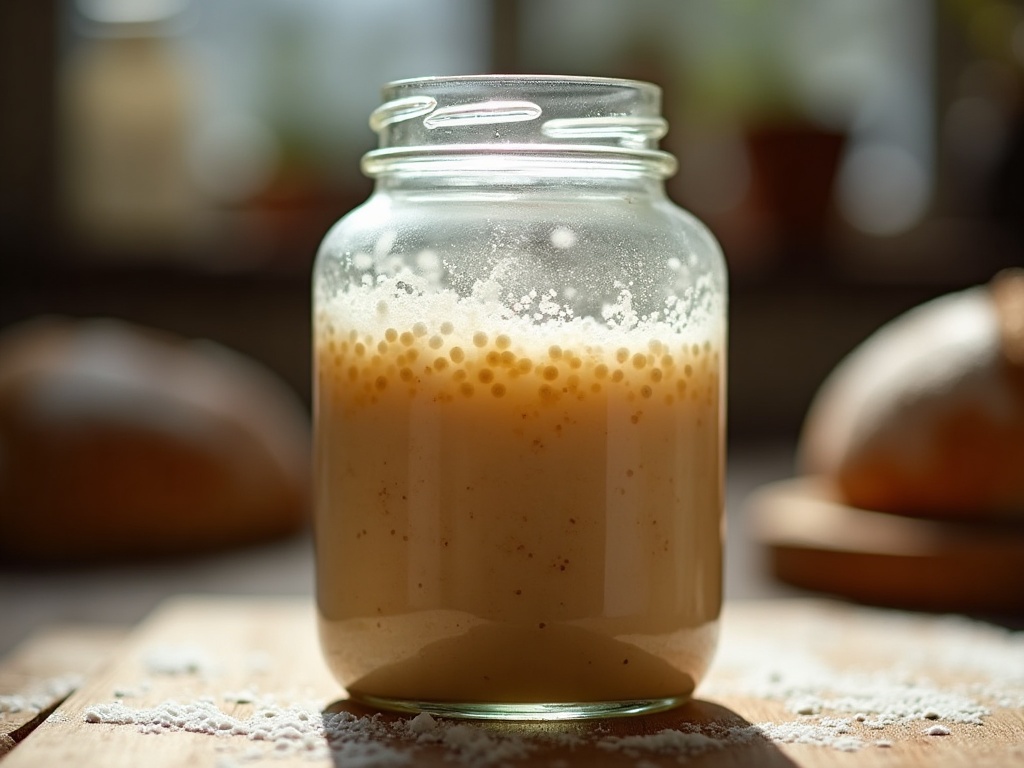 A sourdough starter at its bubbly domed peak, risen well above the rubber band marking its start line