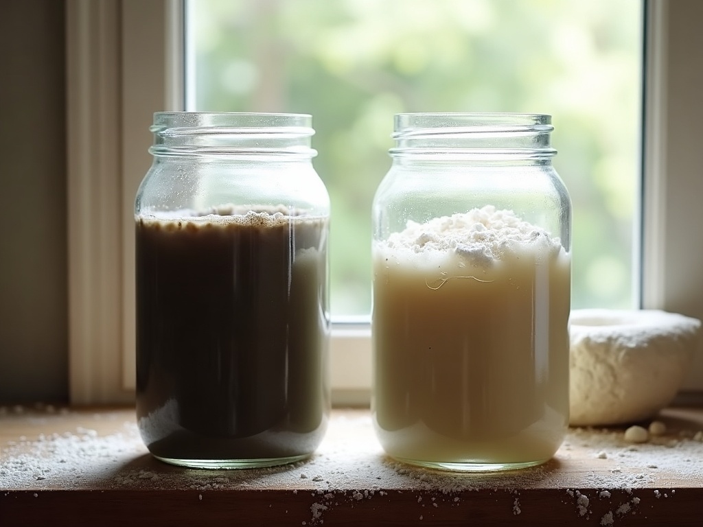 A neglected starter with grey hooch on top beside a refreshed, clean, bubbling revived starter