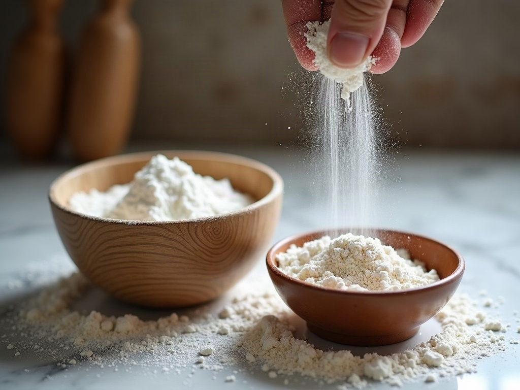 Rice flour and wheat flour bowls beside a hand dusting a banneton