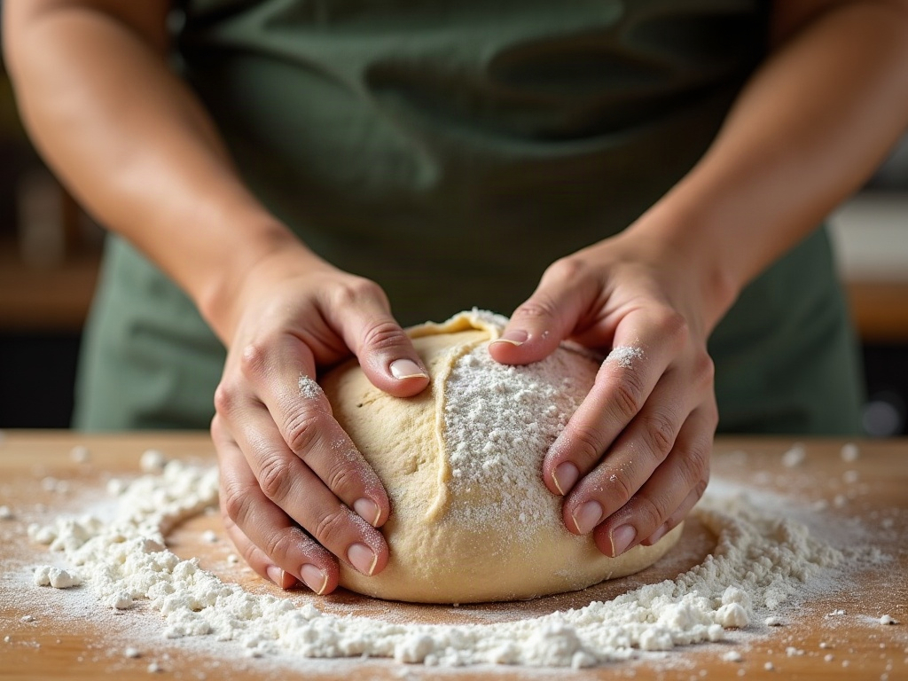 Baker shaping sourdough on a bench to build a taut, tight skin