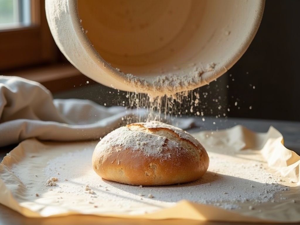Sourdough loaf releasing cleanly from an inverted banneton onto parchment
