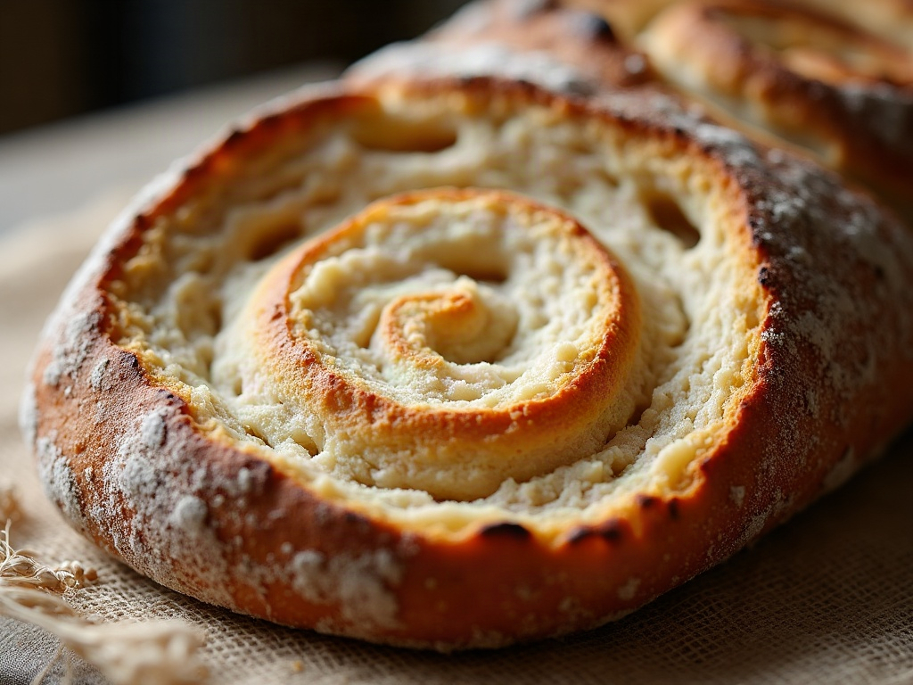 Baked sourdough with a clean spiral coil pattern from the banneton on a blistered crust